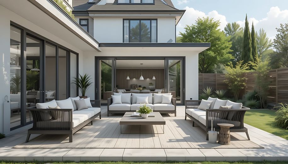 Modern patio with outdoor sofas and coffee table, set on a wooden deck behind a contemporary house with large windows.