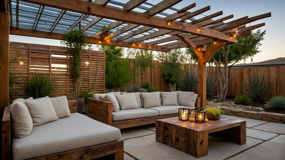 Wood pergola with string lights over cushioned outdoor sofas and table with lanterns in a landscaped backyard.