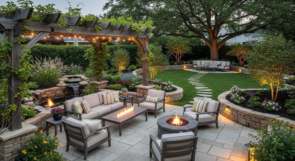 A backyard patio with seating, fire pit, pergola, garden, and stone pathway, lit by string and landscape lights.