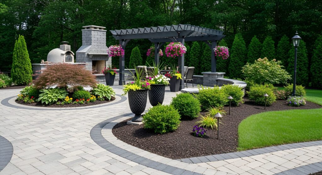 Landscaped backyard with patio, pergola, outdoor oven, potted plants, green lawn, and flower beds.