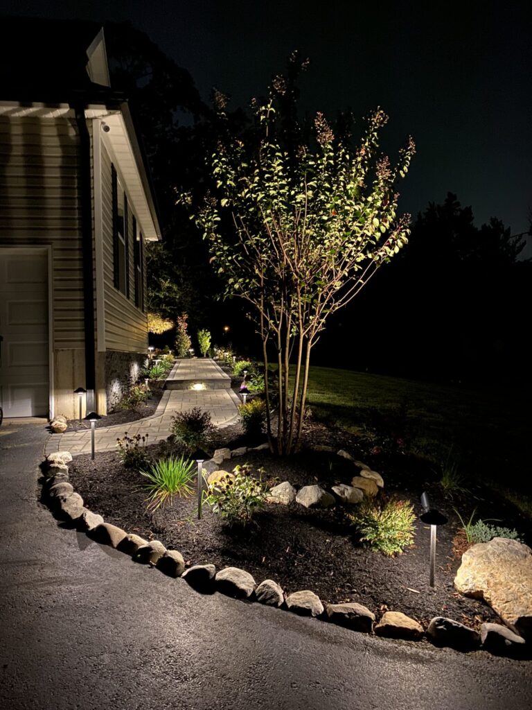 A walkway lined with rocks and plants is illuminated by outdoor lights next to a house at night.