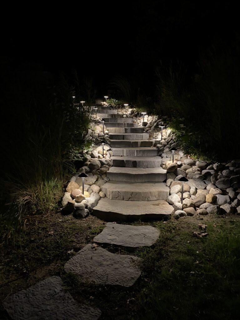 Stone steps with pathway lights ascend through rocks and plants at night, partially illuminated in the darkness.