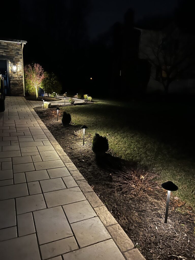 Stone walkway bordered by small bushes and ground lights at night, with a lawn and house in the background.