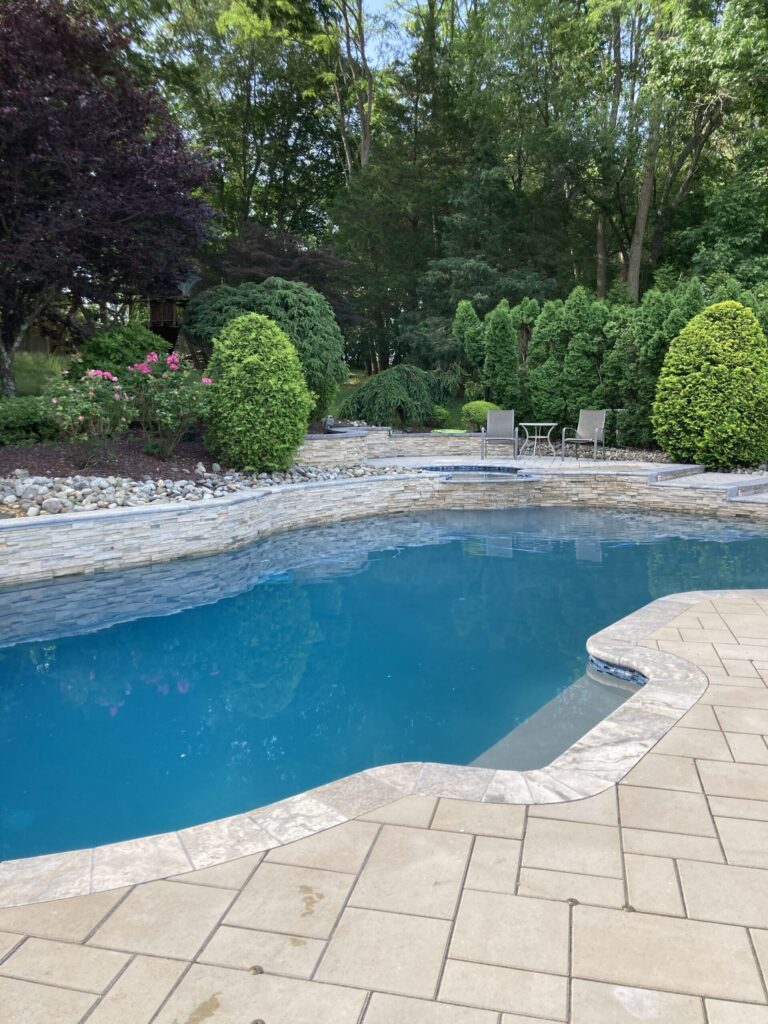 Backyard pool with stone patio, surrounded by shrubs, trees, and two chairs at a small table in the background.